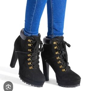 Shoedazzle Black Lace-Up High Heel Boots